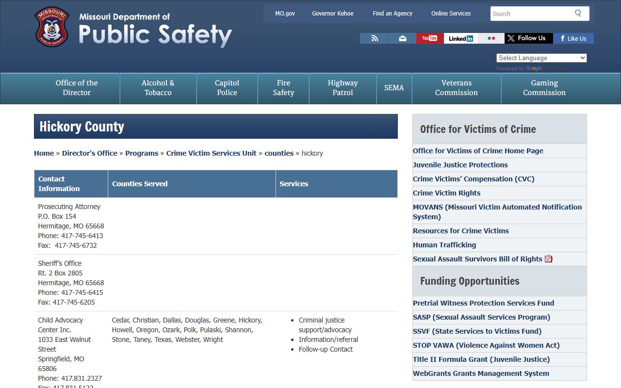 Hickory County arrest records and court charges Missouri DPS victim services directory