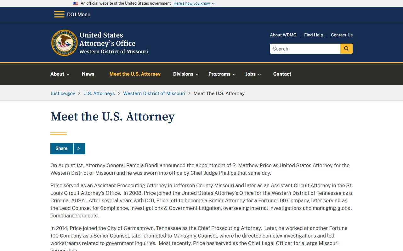 Hickory County arrest records and court charges Western District Missouri U.S. Attorney leadership page