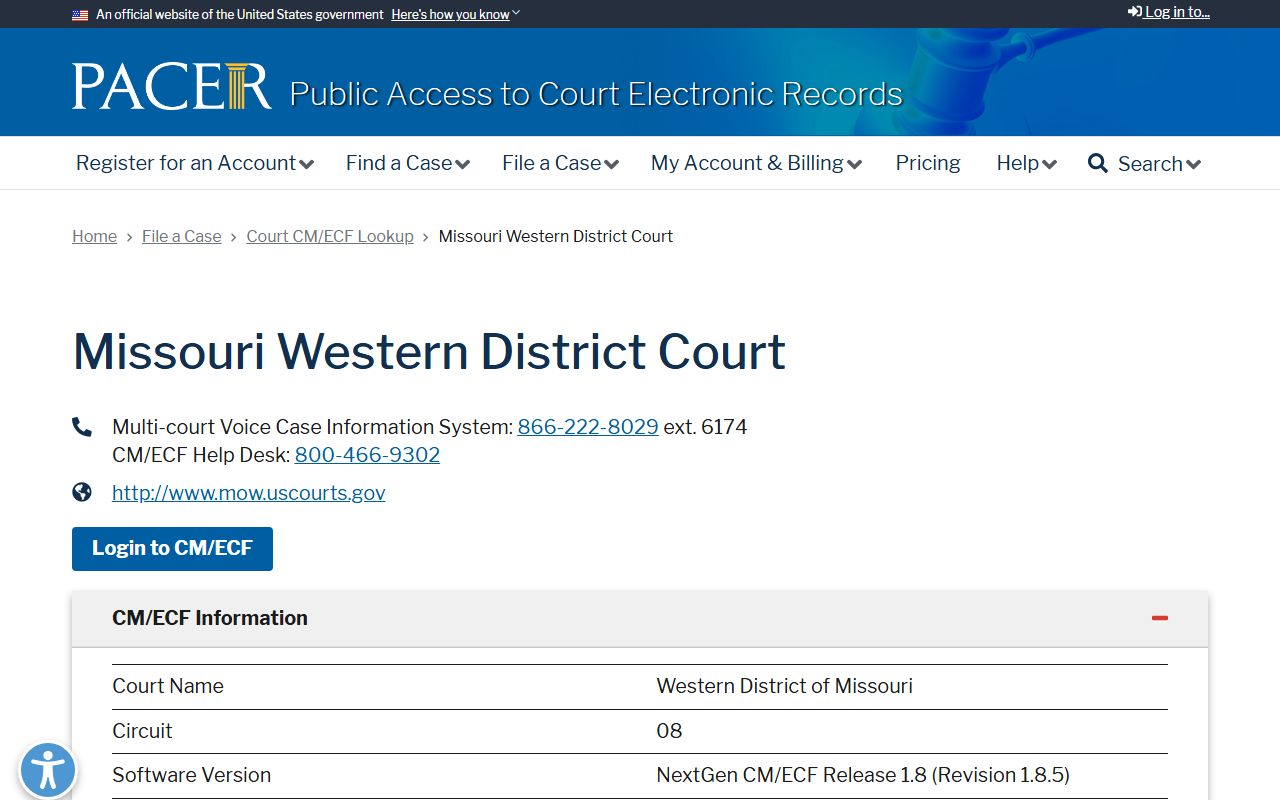 Hickory County court dockets PACER CM ECF lookup for Western District Missouri
