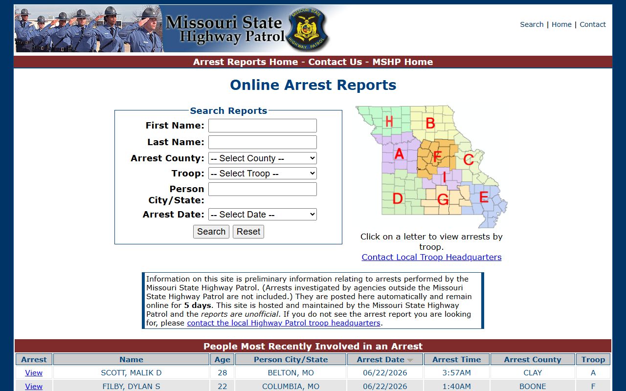 Hickory County criminal court records Missouri State Highway Patrol arrest reports