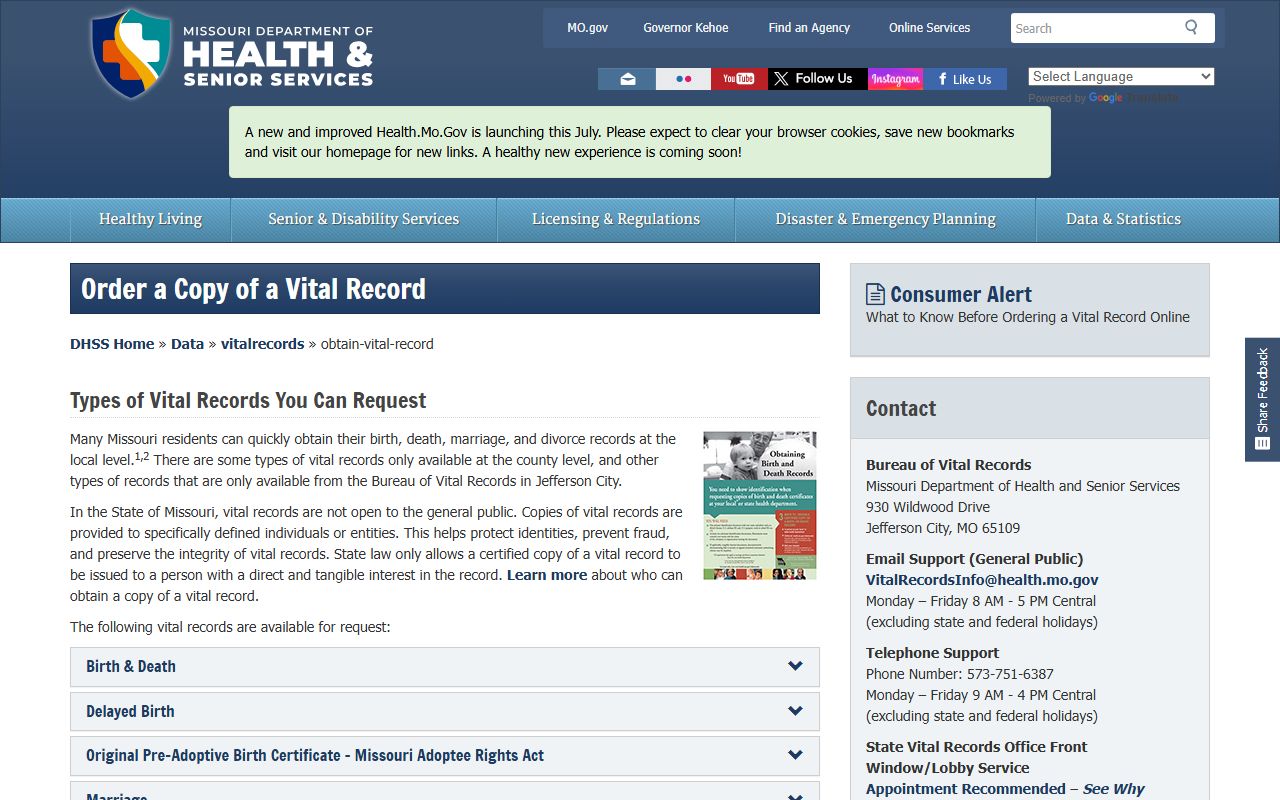 Hickory County marriage and divorce records Missouri vital record ordering instructions