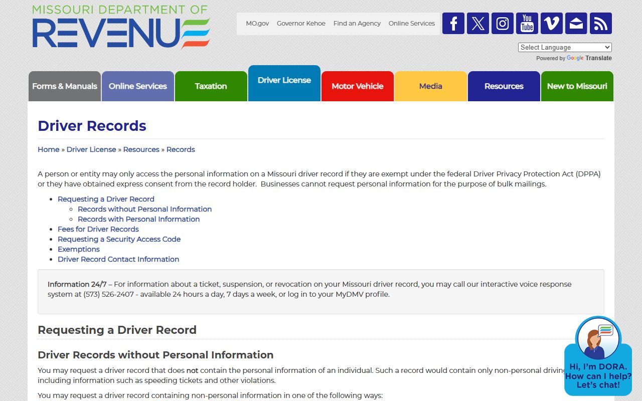 Hickory County traffic court records Missouri DOR driver record request page